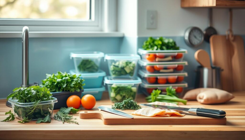 A cozy, minimal kitchen with warm wooden textures and light blue accents. On the countertop, an array of meal prep containers, a cutting board, and a sharp knife. Herbs, vegetables, and lean proteins are neatly organized, hinting at a well-planned, time-saving strategy. Soft, natural lighting casts gentle shadows, creating a calm, efficient atmosphere. The scene conveys a sense of organized productivity, inspiring the viewer to streamline their own office meal prep routine for weight management.