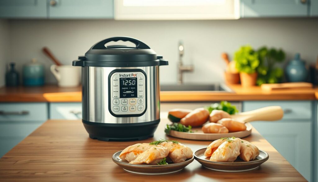 A cozy, minimal kitchen with warm wooden textures and light blue accents. On the countertop, an Instant Pot stands prominently, surrounded by fresh ingredients like chicken breasts, herbs, and vegetables. The lighting is natural and soft, creating a calming atmosphere. The camera focuses on the Instant Pot, capturing its sleek design and the delicious-looking chicken dishes it has prepared, ready to impress and inspire the viewer.