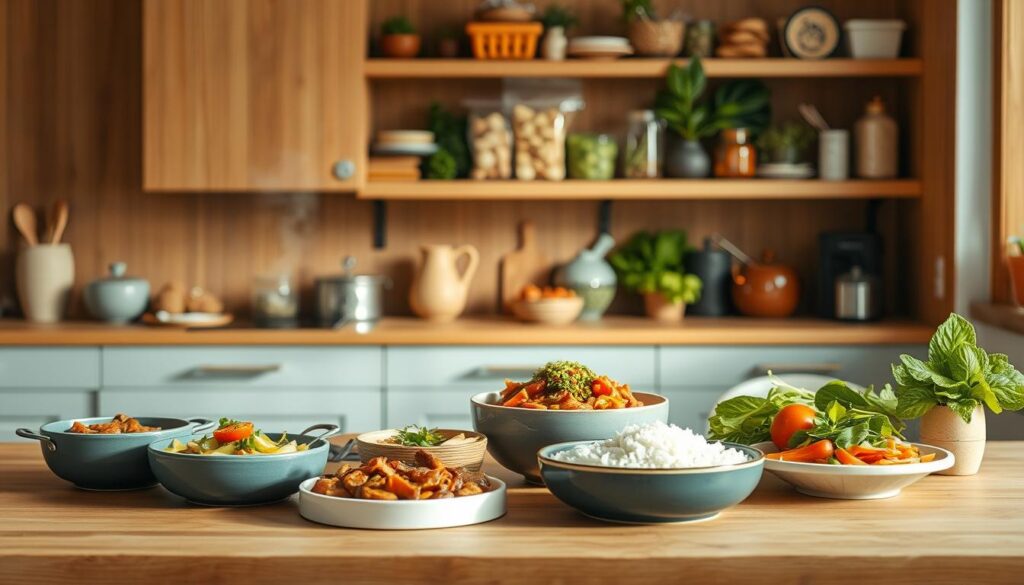 A cozy, minimal kitchen with warm wooden textures and light blue accents. On the kitchen counter, an array of freshly prepared meals - hearty stews, crisp salads, and fragrant rice dishes. Steam rises gently, filling the air with the aroma of home-cooked goodness. In the background, shelves brimming with neatly organized ingredients, a testament to the benefits of batch cooking: time-saving, cost-effective, and nutritious. The scene is bathed in soft, natural lighting, capturing the tranquility and satisfaction of a well-stocked, efficiently run kitchen.