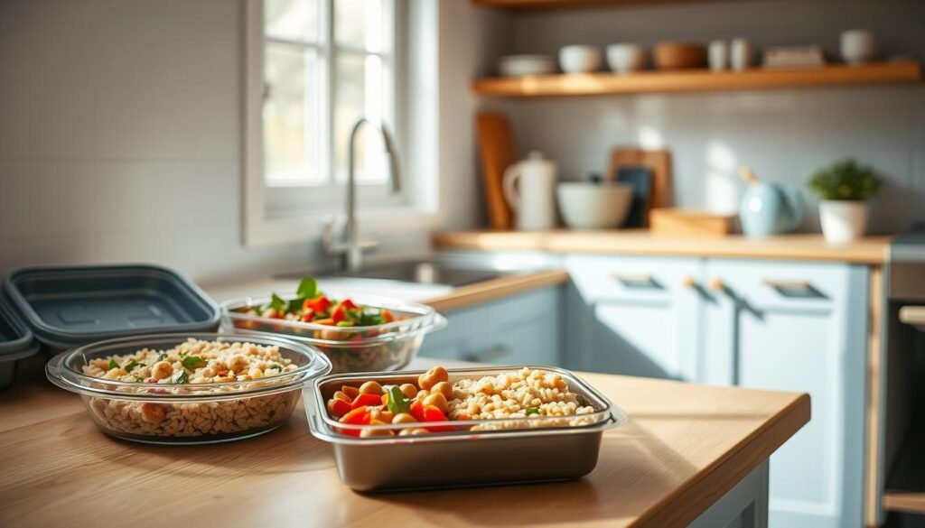 A cozy, minimal kitchen with warm wooden textures and light blue accents. On the kitchen countertop, an array of creative grain-based lunch ideas - a hearty quinoa and vegetable salad, a colorful rice bowl with roasted chickpeas, and a nourishing barley and herb salad, all beautifully presented in sleek, compact lunchboxes. The soft natural light filtering through the window casts a gentle glow, highlighting the vibrant colors and textures of the dishes. The scene conveys a sense of healthy, effortless office lunch inspiration.