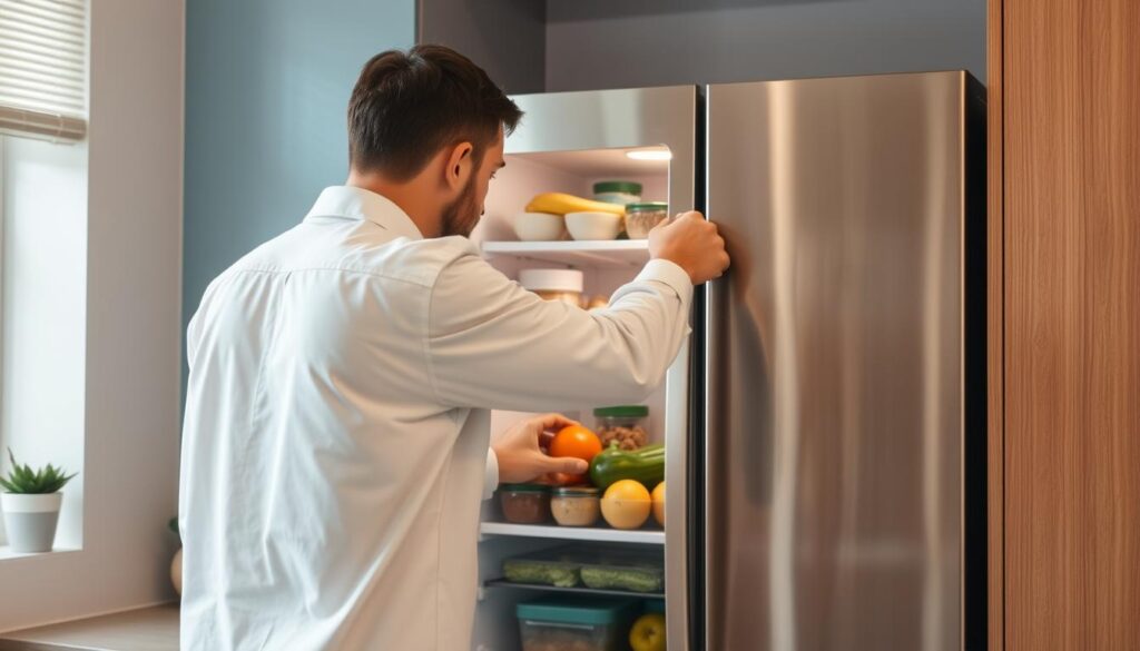 A cozy, minimal kitchen with warm wooden textures and light blue accents. On the shiny stainless steel refrigerator, a person in a crisp white shirt methodically checks the contents, organizing items neatly on the shelves. The soft, even lighting from above casts a gentle glow, highlighting the freshness of the produce and the care taken in maintaining this shared office fridge. The scene conveys a sense of efficiency and attention to detail, reflecting the importance of weekly fridge maintenance for a well-organized office meal prep space.