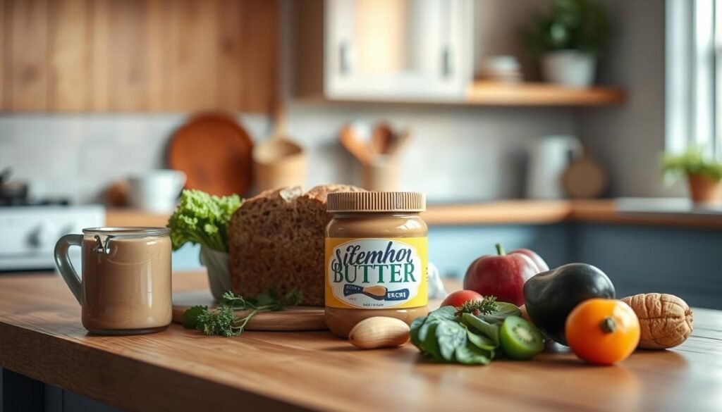 A cozy, minimal kitchen with warm wooden textures and light blue accents. On the wooden counter, a neat arrangement of fresh ingredients: a loaf of whole-grain bread, a jar of creamy peanut butter, and a selection of fresh produce. The lighting is soft and diffused, casting a gentle glow over the scene. The composition is balanced, with the meal components taking center stage, inviting the viewer to envision a week's worth of nutritious, peanut-and-bread-based meals.