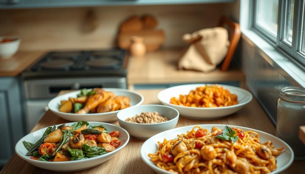 A cozy, minimal kitchen with warm wooden textures and light blue accents. Various quick one-pan dinner recipes displayed on pristine white ceramic dishes, their vibrant colors and textures capturing the eye. Roasted vegetables, baked chicken, and hearty pasta dishes are artfully arranged, showcasing the simplicity and convenience of these weeknight meals. Soft, natural lighting casts a gentle glow, creating an inviting atmosphere. The scene radiates a sense of effortless culinary delight, inspiring the viewer to try these quick and easy one-pan recipes for themselves.