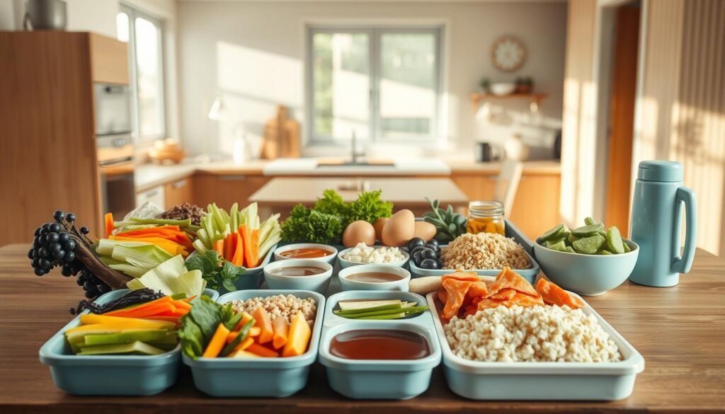 A cozy minimal kitchen with warm wooden textures, light blue accents, and no hands. In the foreground, an assortment of vibrant, neatly arranged bento box components - colorful vegetables, lean proteins, fluffy grains, and delicate pickles. The middle ground features a crisp white serving tray with various dipping sauces, freshly sliced fruit, and a thermos of steaming tea. In the background, natural light filters through large windows, casting a soft, inviting glow. The overall atmosphere is one of organization, simplicity, and culinary inspiration - the perfect setting for crafting creative and nutritious bento box lunches for busy workdays.
