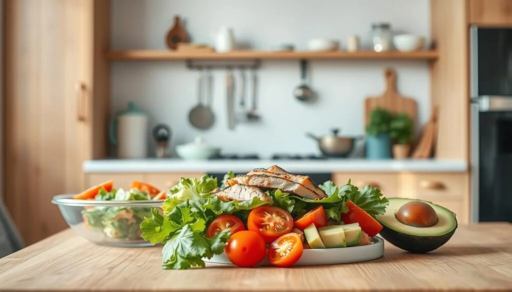 A cozy, minimal kitchen with warm wooden textures, light blue accents, and no hands. In the foreground, neatly arranged ingredients for a power salad - crisp lettuce, juicy tomatoes, protein-rich grilled chicken, and creamy avocado. In the middle ground, a series of prep steps depicted - chopping, mixing, portioning. The background features simple kitchen tools and minimal decor, creating a clean, focused atmosphere. Soft, even lighting illuminates the scene, highlighting the step-by-step meal prep process.