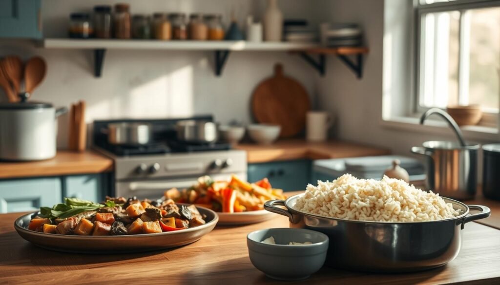 A cozy, minimal kitchen with warm wooden textures, light blue accents, and no hands. On the countertop, an assortment of budget-friendly family meals - a hearty stew, a tray of roasted vegetables, and a large pot of rice or pasta. The lighting is soft and natural, highlighting the homey, nourishing atmosphere. In the background, simple shelves hold jars of spices, a few cookbooks, and other kitchen essentials. The overall mood is one of simplicity, comfort, and practicality - the perfect setting to illustrate budget-friendly tips for feeding a large family.