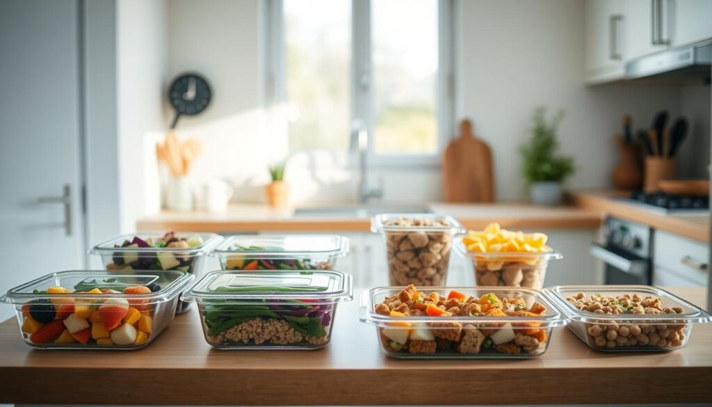 A cozy, minimal kitchen with warm wooden textures, light blue accents, and no hands. On the counter, neatly arranged meal prep containers hold an assortment of sweet and savory cold lunch recipes - colorful salads, hearty grain bowls, and bite-sized snacks. The soft, natural lighting casts a gentle glow, highlighting the carefully planned meal-prepping strategies. The overall atmosphere emanates efficiency, organization, and a touch of culinary inspiration.