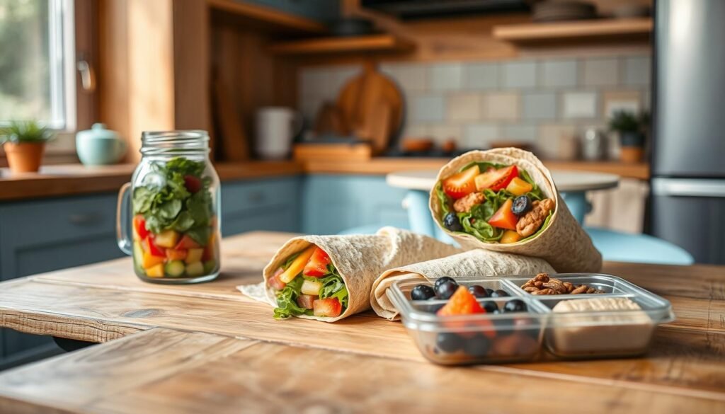 A cozy, minimal kitchen with warm wooden textures, light blue accents, and no visible hands. On a rustic wooden table, an array of portable, no-heat lunch ideas: a colorful salad in a glass jar, a whole-grain wrap with vibrant fillings, a small bento box with compartments for fresh fruits, nuts, and a protein-rich snack. The lighting is soft and natural, creating a welcoming atmosphere for quick, on-the-go meals that capture the flavors of global cuisines.