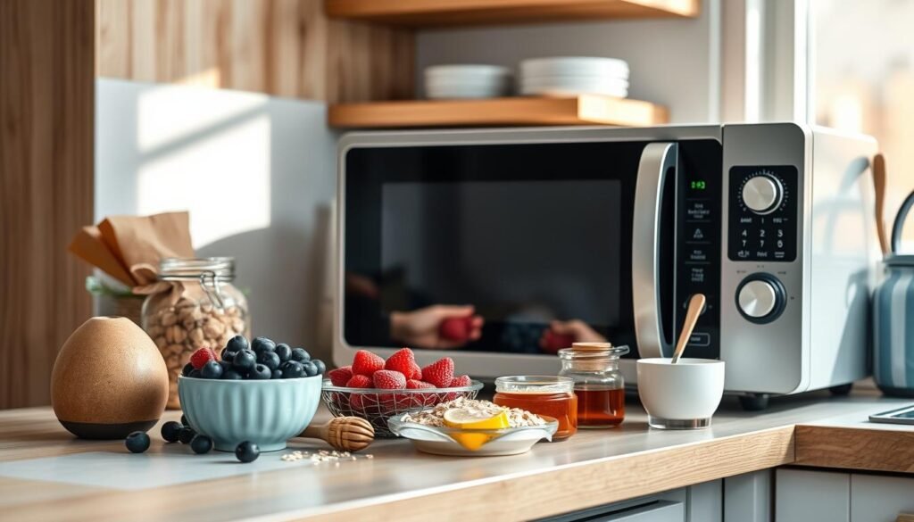 A cozy, minimal kitchen with warm wooden textures, light blue accents, and soft natural lighting. On the counter, an array of wholesome breakfast ingredients - fresh berries, plain yogurt, oats, honey, and a sleek, modern microwave. The focus is on the microwave, with various healthy, low-sugar microwave-friendly breakfast recipes displayed artfully around it, hinting at the quick and easy preparation process.