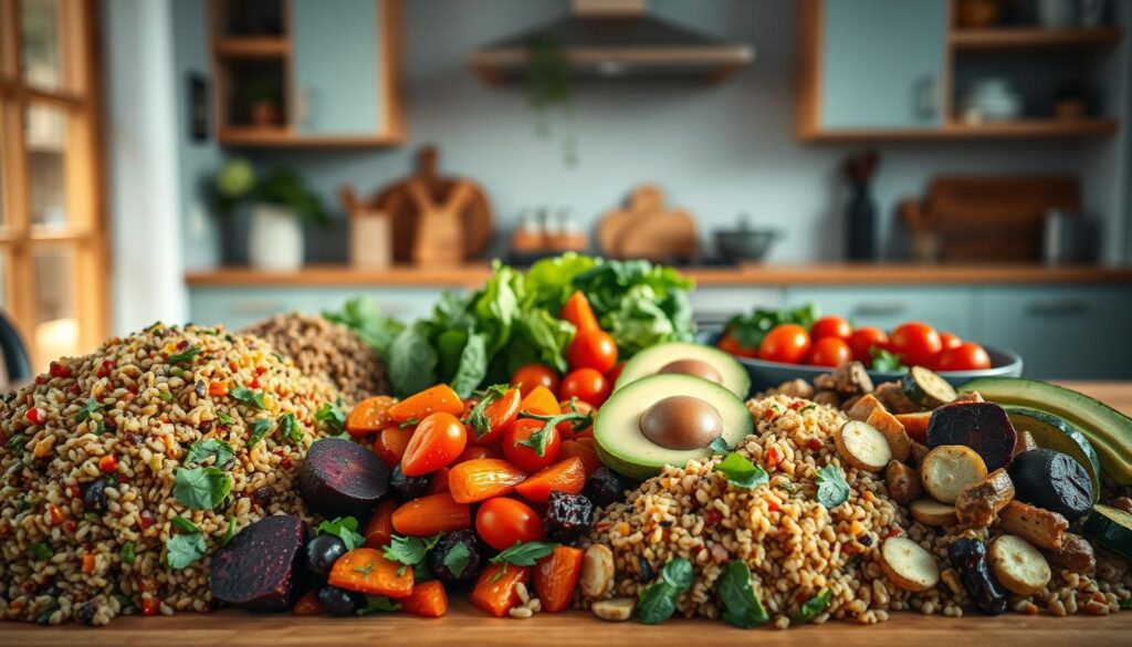 A cozy, minimal kitchen with warm wooden tones and light blue accents provides the backdrop for an inviting spread of grain salads and roasted vegetables. In the foreground, a mix of colorful quinoa, farro, and wild rice salads, dressed in vibrant vinaigrettes, are arranged alongside roasted beets, carrots, and zucchini speckled with herbs and drizzled with olive oil. The middle ground features an array of fresh greens, cherry tomatoes, and sliced avocado, creating a visually striking and nutritious composition. The scene is illuminated by soft, natural lighting, capturing the earthy tones and textures of the ingredients, evoking a sense of wholesome and nourishing meal prep.