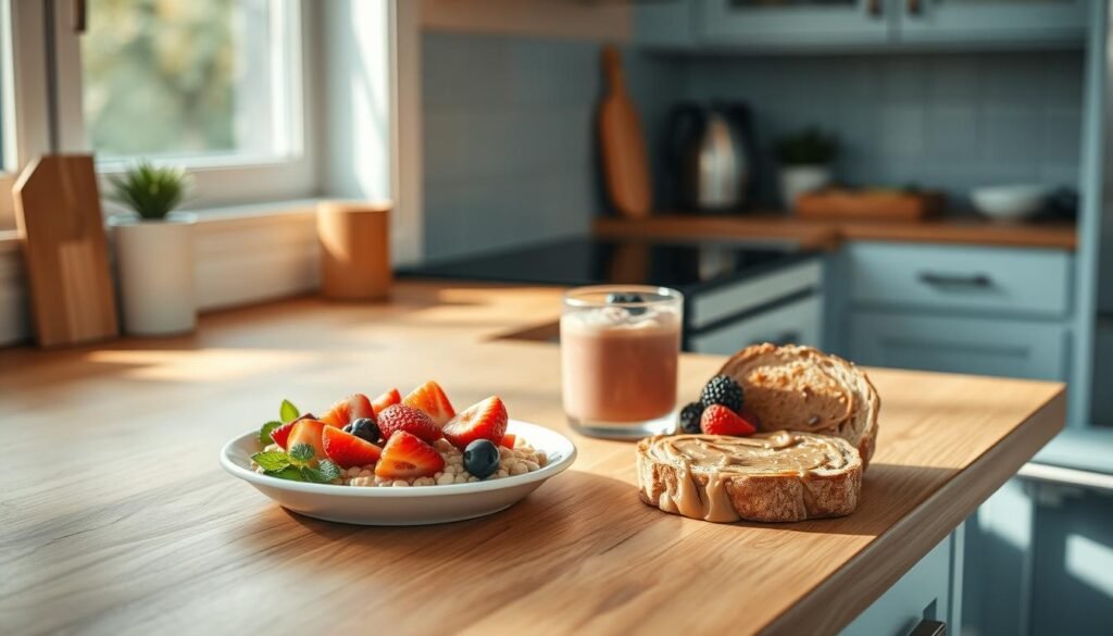 A cozy, minimal kitchen with wooden countertops and light blue accents. On the counter, an array of quick and tasty breakfast options for kids - a plate of fresh fruit, a bowl of oatmeal with berries, a smoothie in a glass, and a slice of whole-grain toast with a smear of nut butter. The lighting is soft and natural, highlighting the inviting textures and colors. The overall atmosphere is calm and nourishing, reflecting the section's focus on low-sugar, picky-eater-friendly breakfast ideas.