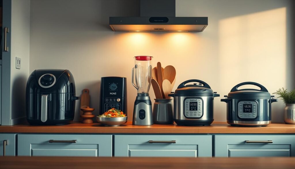 A cozy, minimal kitchen with wooden countertops and light blue cabinets. On the counter, an array of modern kitchen appliances, including a large air fryer, a high-powered blender, and a multi-function instant pot. The appliances are arranged in a visually appealing layout, showcasing their various capacity features for efficient meal preparation. Warm, diffused lighting from overhead illuminates the scene, creating a welcoming and functional atmosphere. The focus is on the appliances and their suitability for batch cooking and meal prepping, without any distracting elements or text.