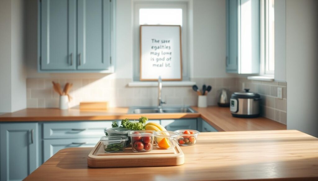 A cozy, minimal kitchen with wooden countertops, light blue cabinetry, and a neutral tile backsplash. A cutting board on the counter holds fresh produce and meal prep containers, while a small appliance, such as a pressure cooker or slow cooker, sits nearby. Soft, natural lighting filters through a window, casting a warm glow on the scene. On the wall, a framed motivational quote or inspirational artwork adds a touch of personal style. The atmosphere conveys a sense of organization, efficiency, and mindfulness - the perfect setting for overcoming common meal prep challenges and achieving professional wellness through nourishing, home-cooked meals.