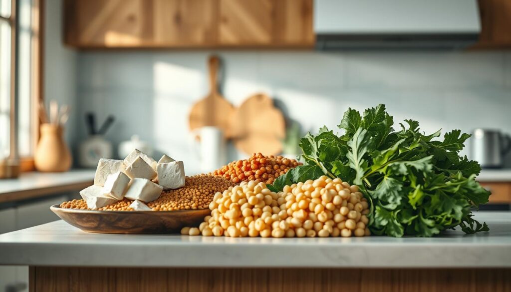 A cozy, minimal kitchen with wooden textures and light blue accents comes into view. On the countertop, an array of plant-based protein options are artfully displayed: crisp tofu slices, hearty lentils, tender chickpeas, and vibrant greens. The soft, natural lighting illuminates the scene, creating a serene and inviting atmosphere. The camera angle captures the diverse selection, inviting the viewer to explore these versatile and nutritious vegetarian and vegan protein sources.