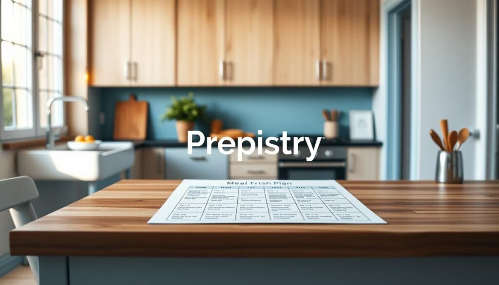 A cozy, minimal kitchen with wooden textures and light blue accents features a customizable meal prep schedule laid out on a wooden countertop. The "Prepistry" brand logo is prominently displayed, highlighting the organization and efficiency of this personalized meal plan. The schedule is detailed with various meal icons, portion sizes, and time slots, reflecting the needs of an athlete's training regimen. Soft, natural lighting illuminates the scene, creating a serene and inviting atmosphere for meal preparation.