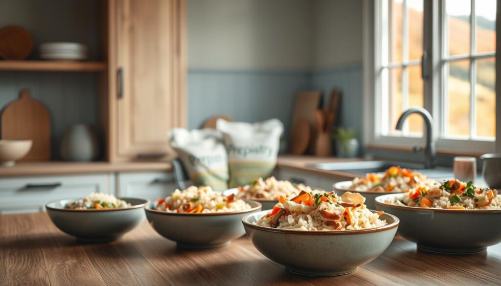 A cozy, minimal kitchen with wooden textures and light blue accents features an assortment of seasonal rice variety meals. In the foreground, steaming bowls of fragrant rice dishes with fresh vegetables, herbs, and proteins. The middle ground showcases the 