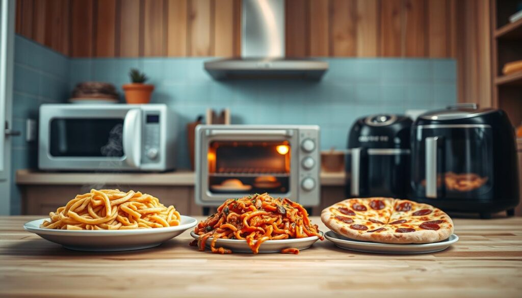 A cozy, minimal kitchen with wooden textures and light blue accents, featuring a comparative display of popular reheating methods. In the foreground, a selection of reheated meals - a steaming plate of pasta, a sizzling stir-fry, and a perfectly crisp slice of pizza - arranged neatly. In the middle ground, various kitchen appliances such as a microwave, a toaster oven, and an air fryer, each showcasing their unique reheating capabilities. The background is softly illuminated, creating a warm and inviting atmosphere, with no hands or distractions to draw the eye away from the core subject matter.