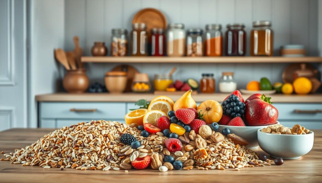 A cozy, minimal kitchen with wooden textures and light blue accents, featuring an array of creative cereal alternatives. In the foreground, an assortment of whole grains, nuts, seeds, and dried fruits are artfully arranged on a wooden table. The middle ground showcases a variety of fresh seasonal fruits, such as berries, citrus, and stone fruits, adding pops of color and natural sweetness. In the background, a neatly organized shelf displays jars filled with honey, maple syrup, and other natural sweeteners, complementing the wholesome, low-sugar theme. Soft, natural lighting illuminates the scene, creating a warm and inviting atmosphere.