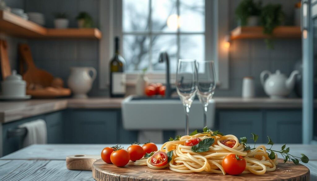 A cozy, minimal kitchen with wooden textures and light blue accents, featuring an elegant display of Italian-inspired romantic recipes. In the foreground, a delicate arrangement of fresh pasta, juicy tomatoes, and fragrant herbs, perfectly plated on a rustic wooden board. In the middle ground, a bottle of fine Italian wine and two crystal glasses, casting a warm glow under the soft, diffused lighting. In the background, a window offering a glimpse of a romantic, moonlit evening, setting the mood for a truly memorable dining experience.