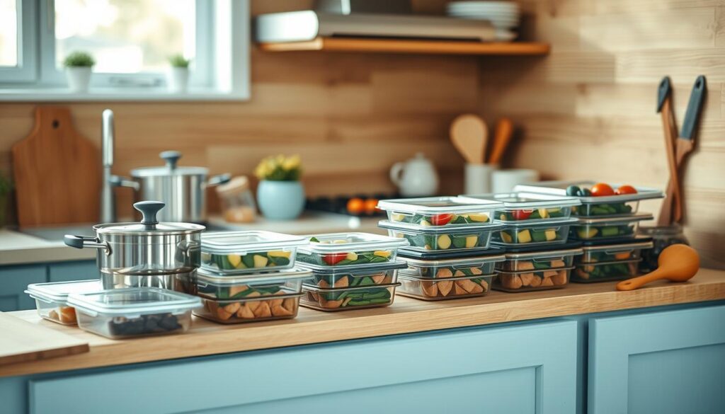 A cozy, minimal kitchen with wooden textures and light blue accents provides the backdrop for an array of meal prep containers on the countertop. Stainless steel pots and pans, a cutting board, and a few fresh ingredients suggest a recent flurry of batch cooking activity. The scene conveys a sense of organization and efficiency, with the containers neatly arranged, ready to be grabbed for work lunches throughout the week. Warm, diffused lighting casts a soft glow over the scene, creating an inviting and calming atmosphere.
