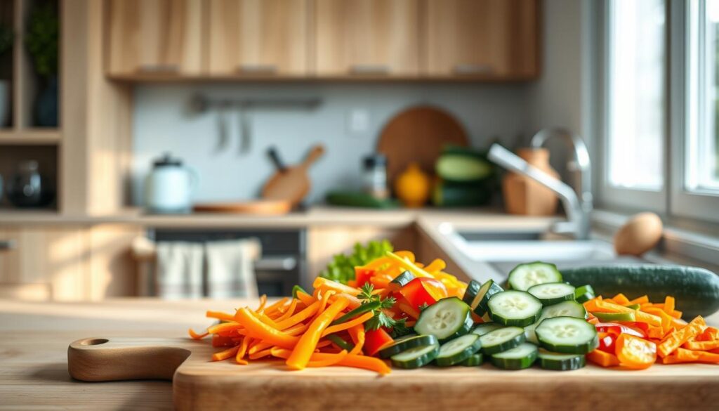 A cozy, minimal kitchen with wooden textures and light blue accents provides the backdrop for a vibrant display of vegetable preparation techniques. In the foreground, a cutting board showcases an artful arrangement of julienned carrots, diced bell peppers, and neatly sliced cucumbers, their vibrant colors and precise cuts reflecting the care and attention to detail required for crafting eye-catching cold lunch recipes. Soft, natural lighting from a nearby window illuminates the scene, casting gentle shadows and highlighting the textural nuances of the fresh produce. The overall mood is one of calm, focused simplicity, inviting the viewer to imagine the nourishing and visually appealing cold lunch creations that can be assembled from these carefully prepared ingredients.