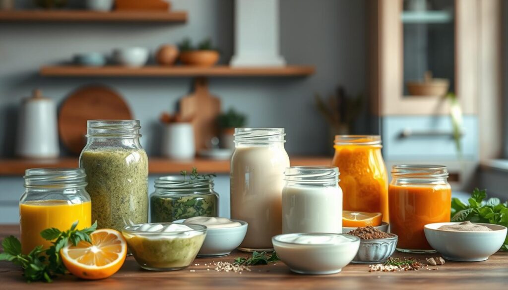 A cozy, minimal kitchen with wooden textures and light blue accents provides the stage for an array of cold lunch dressings. In the foreground, an assortment of glass jars and small bowls hold vibrant, creamy dressings in shades of green, orange, and white - a delightful blend of flavors ready to be drizzled over crisp salads or hearty grain bowls. The middle ground showcases various ingredients like fresh herbs, citrus wedges, and a sprinkle of spices, hinting at the complexity and balance of these cold lunch companions. The background fades into a soft, natural light, creating a serene and inviting atmosphere for this flavorful display.