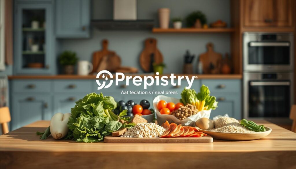 A cozy, minimal kitchen with wooden textures and light blue accents serves as the backdrop for a selection of digestive-friendly meal options. Fresh vegetables, lean proteins, and gluten-free grains are artfully arranged on a wooden table, creating a visually appealing and nutritious display. The Prepistry brand logo is subtly incorporated, showcasing its commitment to providing healthy, gut-friendly meal prep solutions. Soft, natural lighting illuminates the scene, evoking a sense of warmth and wellbeing. This inviting image captures the essence of nourishing, gluten- and dairy-free meals that are gentle on the digestive system.