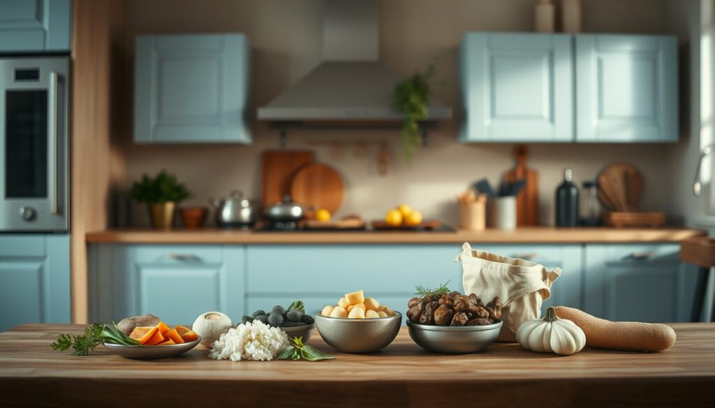 A cozy, minimal kitchen with wooden textures and light blue accents serves as the backdrop for a visually engaging composition. In the foreground, five distinct meal categories are depicted, each represented by a carefully selected, high-quality ingredient. The arrangement is carefully orchestrated, with the ingredients meticulously placed to create a sense of balance and harmony. The lighting is soft and diffused, casting a warm, inviting glow over the scene, and the camera angle is slightly elevated, allowing the viewer to take in the entirety of the composition. The overall mood is one of simplicity, organization, and the celebration of the essential elements that comprise a delicious, nourishing meal.