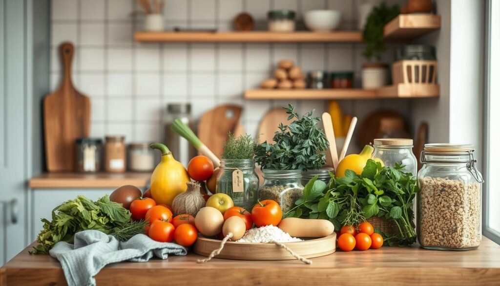 A cozy, minimal kitchen with wooden textures and light blue accents serves as the backdrop for a display of seasonal meal prep strategies. An array of fresh produce, herbs, and pantry staples are artfully arranged on a wooden countertop, hinting at the nourishing meals to come. Glass jars filled with dry ingredients and labeled with handwritten tags add a thoughtful, homespun touch. The soft, diffused lighting creates a warm, inviting atmosphere, conveying the care and intention behind the seasonal meal prep process. The scene captures the essence of planning ahead for delicious, kid-friendly dinners that celebrate the flavors of the changing seasons.