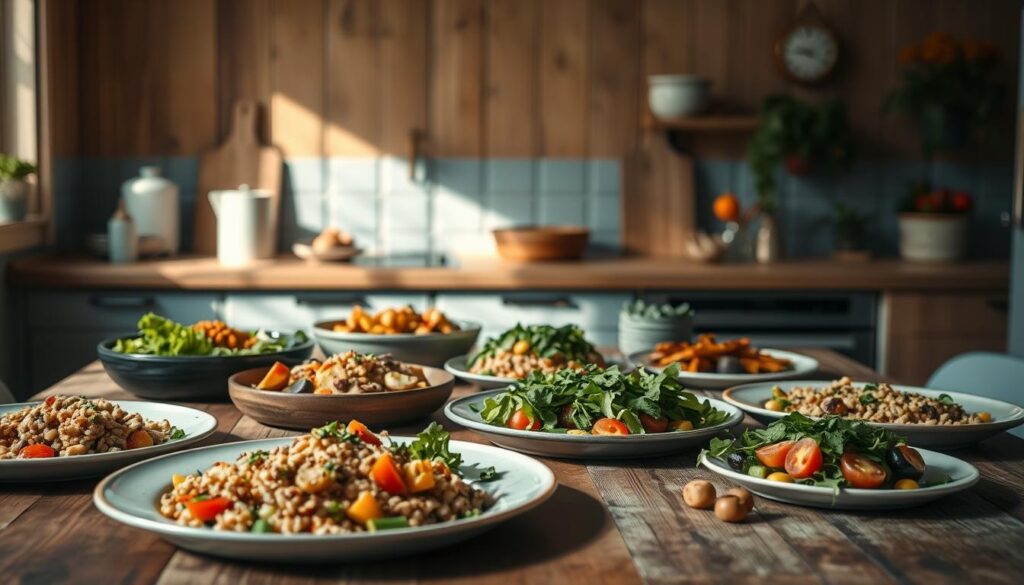 A cozy, minimal kitchen with wooden textures and light blue accents serves as the backdrop for an abundant display of vibrant, veggie-forward dishes. In the foreground, a rustic wooden table is adorned with a variety of colorful plates, each bursting with a symphony of roasted vegetables, hearty grains, and fresh greens. A warm, directional light bathes the scene, casting gentle shadows and highlighting the natural textures of the ingredients. The atmosphere is one of calm, nourishing simplicity, inviting the viewer to savor the balanced, wholesome appeal of these veggie-centric dinners.