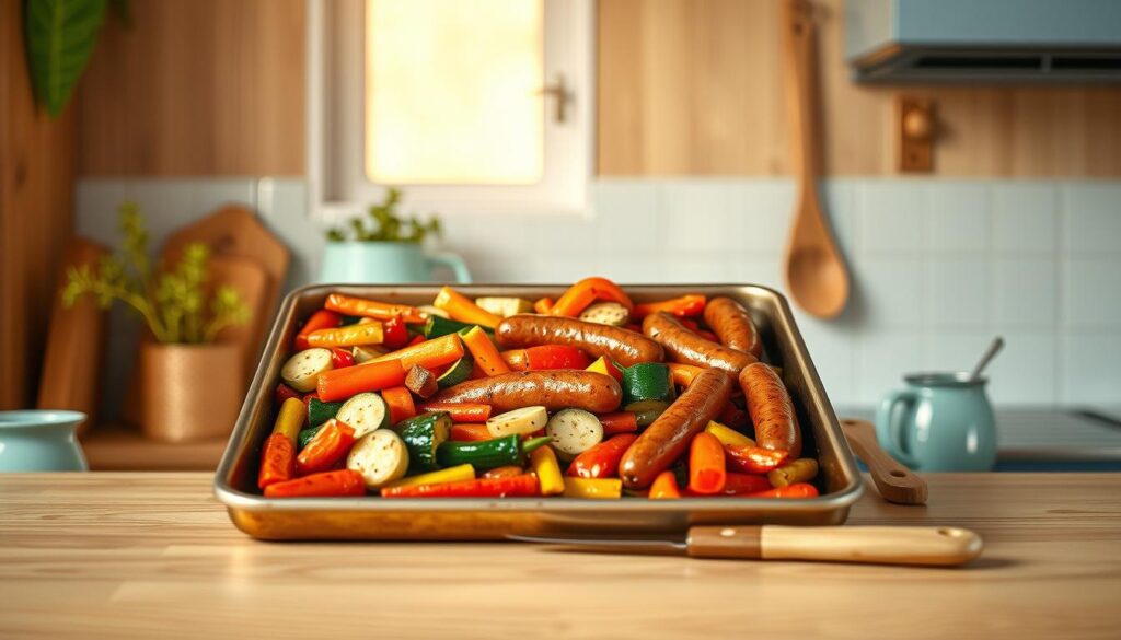 A cozy, minimal kitchen with wooden textures and light blue accents serves as the backdrop for a display of one-pan meal expertise. An assortment of fresh, colorful vegetables - vibrant carrots, zucchini, and peppers - are carefully arranged on a sturdy sheet pan, accompanied by succulent sausages. The warm, natural lighting casts a soft glow, highlighting the textures and inviting the viewer to imagine the delectable aromas. Carefully placed kitchen tools, such as a sharp chef's knife and a wooden spoon, suggest the thoughtful preparation behind this effortless-looking one-pan wonder. The absence of hands in the frame allows the focus to remain on the expertly curated ingredients, conveying a sense of confidence and mastery in the art of creating the perfect one-pan meal.