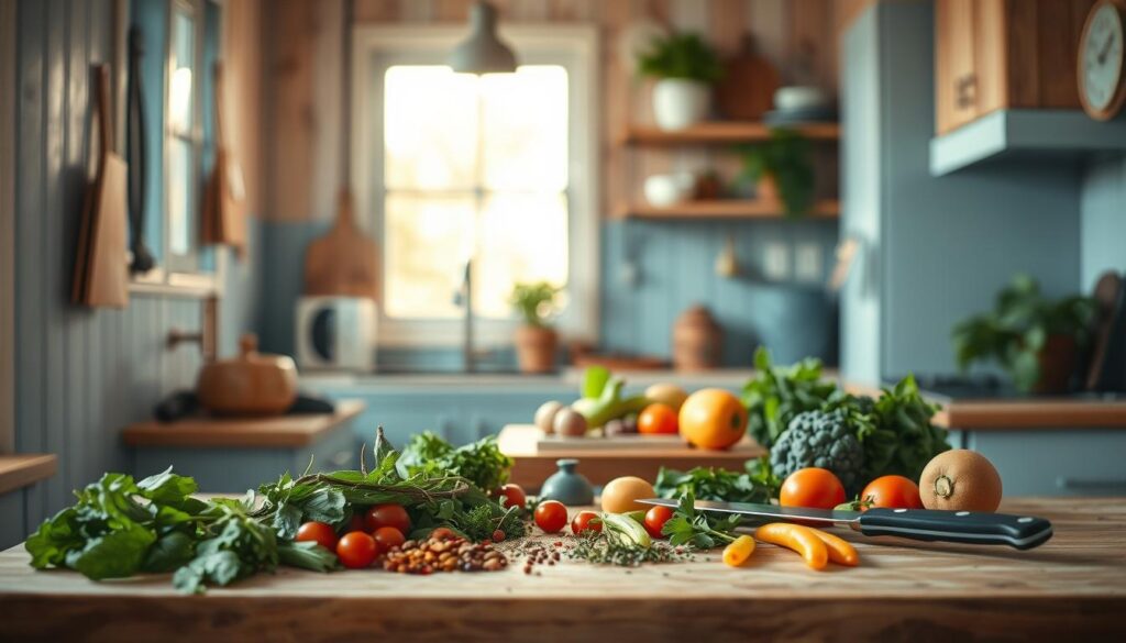 A cozy, minimal kitchen with wooden textures and light blue accents serves as the backdrop for a delicate ballet of culinary techniques. In the foreground, an array of fresh vegetables, herbs, and spices are artfully arranged, ready to be transformed into a balanced, nutritious meal. The middle ground captures the preparation process, with kitchen tools like a sharp knife and a sturdy cutting board taking center stage. Soft, natural lighting filters through the window, casting a warm glow over the scene and emphasizing the care and attention to detail that goes into crafting a sheet pan dinner. The overall atmosphere evokes a sense of calm, efficiency, and a deep appreciation for the art of home-cooked, nourishing meals.