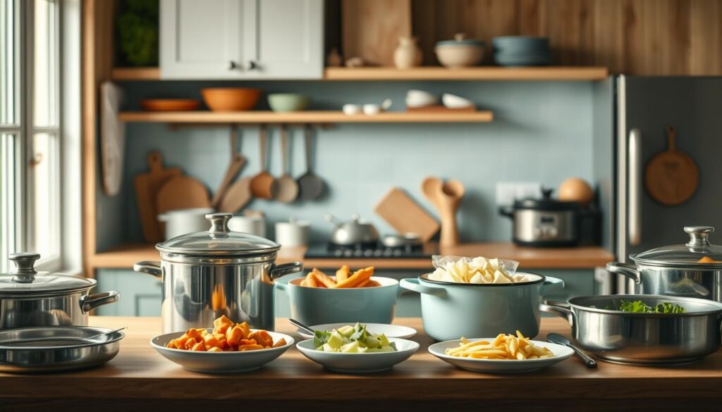 A cozy, minimal kitchen with wooden textures and light blue accents serves as the backdrop for an exploration of diverse batch cooking methods. In the foreground, various cooking vessels and utensils are neatly arranged, showcasing techniques like slow-simmering, roasting, and steaming. The middle ground features a series of prepped ingredients, ready to be transformed into nutritious, flavorful meals. Soft, natural lighting illuminates the scene, creating a warm and inviting atmosphere. The absence of human hands emphasizes the methodical, efficient nature of the batch cooking process, allowing the focus to remain on the tools and techniques that enable seamless meal preparation.