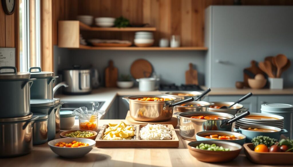 A cozy, minimal kitchen with wooden textures and light blue accents serves as the backdrop for an efficient bulk cooking scene. In the foreground, various culinary tools and containers are neatly arranged, showcasing a well-organized workflow. On the countertop, large stockpots simmer with simmering stews and hearty soups, their aromas filling the air. Rows of meticulously prepped ingredients stand ready for seamless incorporation into the dishes. Soft, natural lighting casts a warm glow, illuminating the process and creating a sense of calm productivity. This inviting scene embodies the strategies for efficient bulk cooking, allowing the viewer to envision a mindful Sunday meal prep routine.