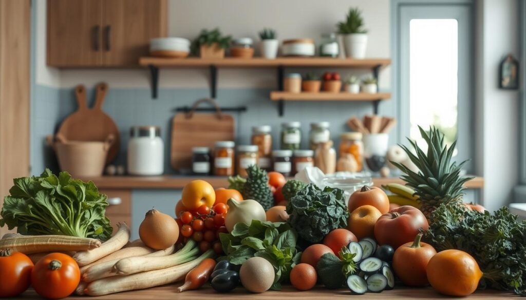 A cozy, minimal kitchen with wooden textures and light blue accents serves as the backdrop for an artfully arranged scene of grocery shopping tips. In the foreground, various fresh produce items, including crisp vegetables and vibrant fruits, are carefully displayed. The mid-ground showcases a selection of labeled jars and containers, hinting at the importance of organization and meal prepping. Soft, natural lighting filters in, creating a warm and inviting atmosphere, while the absence of hands suggests a thoughtful, methodical approach to the task at hand. This image captures the essence of expert advice on shopping and ingredient assembly, guiding the viewer through the process of mindful grocery selection and preparation.