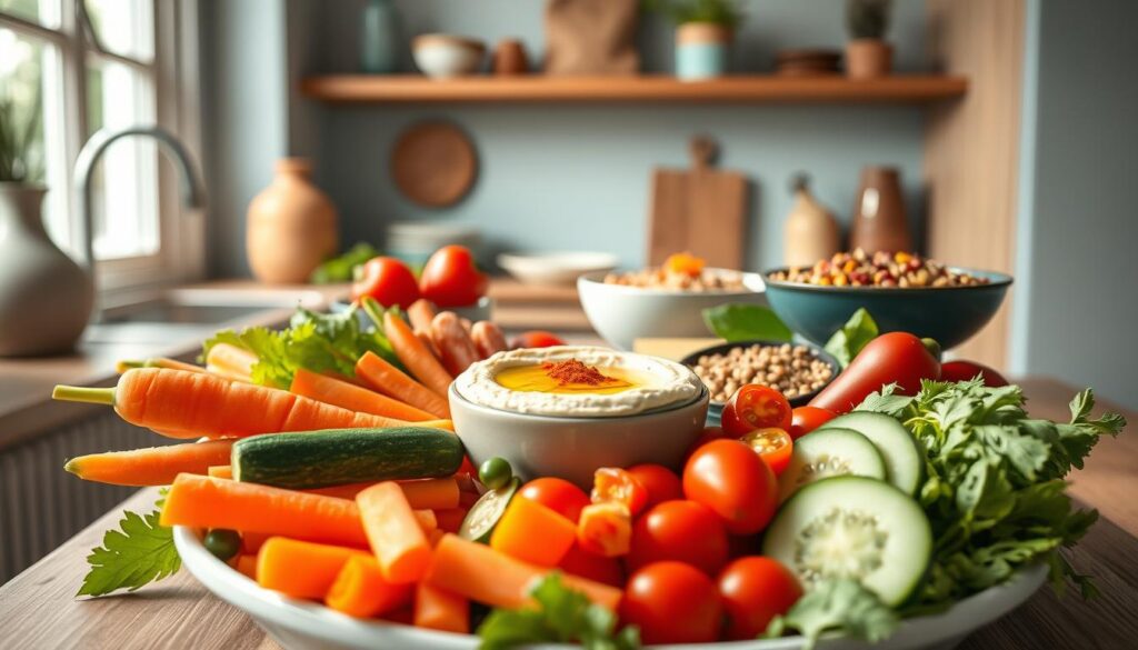 A cozy, minimal kitchen with wooden textures and light blue accents serves as the backdrop for a vibrant display of creative hummus veggie meals. In the foreground, an assortment of fresh vegetables, including carrots, bell peppers, cucumber, and cherry tomatoes, are artfully arranged around a central bowl of creamy, homemade hummus. The hummus is topped with a drizzle of olive oil and a sprinkle of paprika, adding depth and color to the composition. The middle ground features additional dishes, such as a quinoa salad and a lentil-based dip, showcasing the versatility of legume-based cold lunch options. The overall scene is bathed in natural light, creating a warm and inviting atmosphere that encourages the viewer to savor these wholesome and visually appealing plant-based meal ideas.