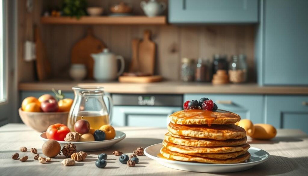 A cozy, minimal kitchen with wooden textures and light blue accents serves as the backdrop for a delightful array of low-sugar morning ideas. In the foreground, a table is adorned with an assortment of fresh fruits, nuts, and a pitcher of infused water, all bathed in soft, natural lighting. The middle ground features a stack of wholesome, homemade pancakes drizzled with a delicate honey glaze, accompanied by a platter of crisp, golden-brown toast slices. In the background, a neat arrangement of jars filled with healthy toppings and condiments, such as chia seeds and berry compote, completes the scene, evoking a sense of simplicity and nourishment. The overall atmosphere exudes a warm, inviting ambiance, inviting the viewer to embrace a world of low-sugar mornings.