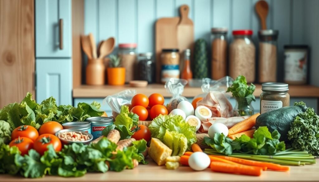 A cozy, minimal kitchen with wooden textures and light blue accents serves as the backdrop to an array of essential ingredients for quick lunches. In the foreground, a selection of fresh produce, including crisp lettuce, juicy tomatoes, and crunchy carrots, is neatly displayed. In the middle ground, a variety of protein sources, such as canned tuna, hard-boiled eggs, and sliced deli meat, are arranged. In the background, jars of whole grains, such as quinoa and brown rice, as well as a selection of condiments and seasonings, complete the scene. The lighting is soft and natural, creating a warm and inviting atmosphere, with a focus on the nourishing and versatile nature of these everyday pantry staples.