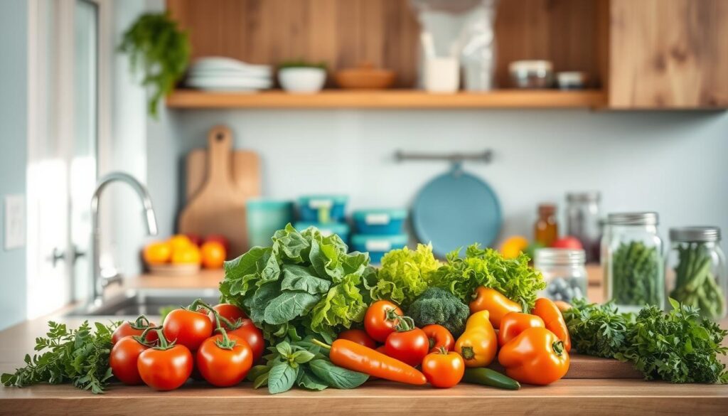 A cozy, minimal kitchen with wooden textures and light blue accents serves as the backdrop. On the counter, an assortment of fresh produce from the farmers market - juicy tomatoes, crisp greens, vibrant peppers, and fragrant herbs - are neatly arranged. Meal prep containers, glass jars, and a cutting board sit nearby, hinting at the strategic planning and preparation underway. The scene exudes a sense of calm organization, inviting the viewer to envision the stress-free, nutritious meals that will emerge from this thoughtful setup.