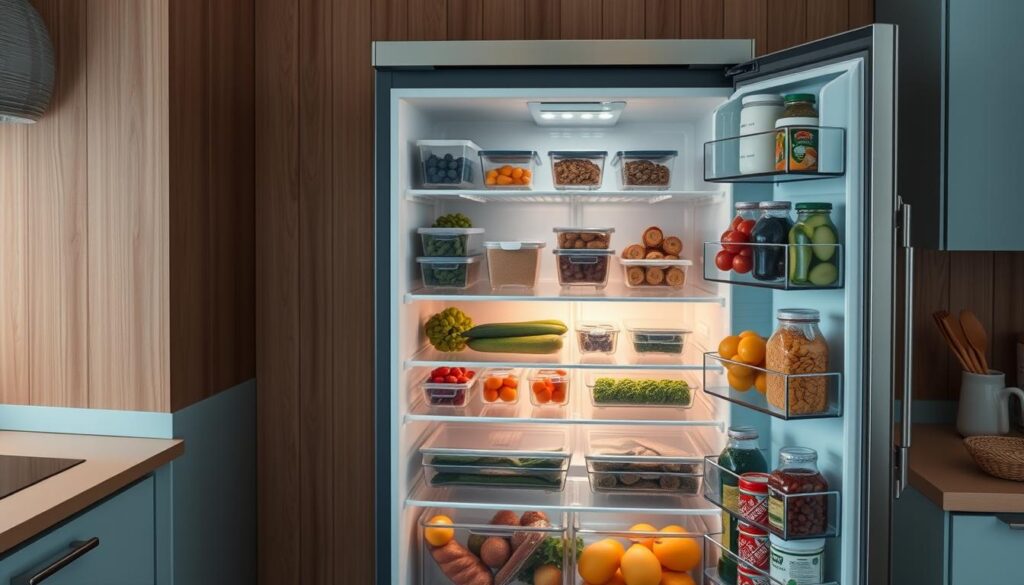 A cozy, minimal kitchen with wooden textures and light blue accents serves as the backdrop. The refrigerator stands open, its interior illuminated, revealing meticulously organized zones. Labeled containers and clear dividers create a sense of order, with fruits, vegetables, and meal components neatly arranged. The shelves are bathed in soft, diffused lighting, casting a warm glow that enhances the overall ambiance. The camera angle is slightly elevated, capturing the scene from a bird's-eye view, showcasing the efficient and visually appealing layout of the refrigerator's contents.