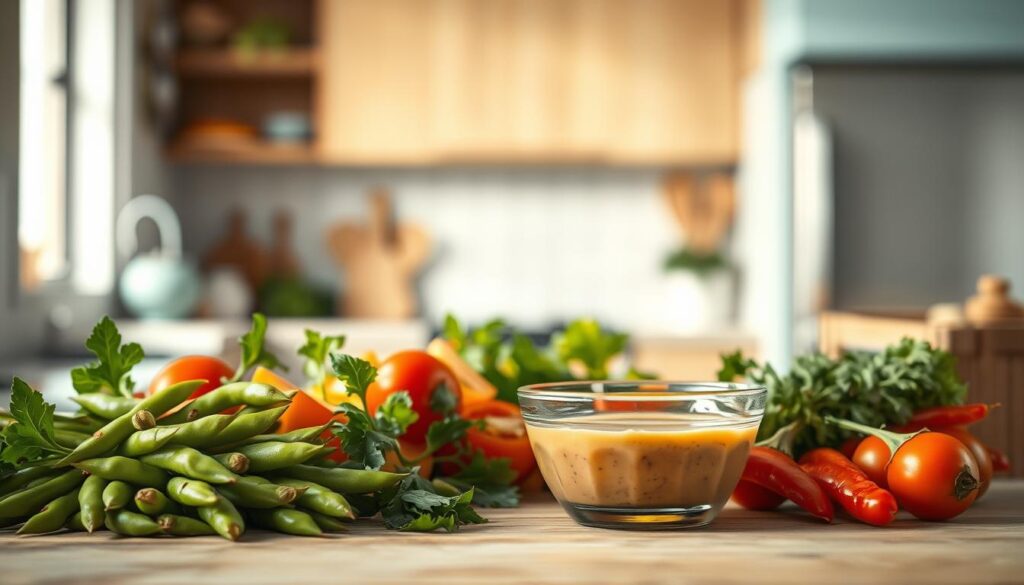 A cozy, minimal kitchen with wooden textures and light blue accents sets the scene. In the foreground, a selection of fresh Asian ingredients - crisp edamame, vibrant vegetables, and aromatic herbs - are arranged artfully. Soft, diffused lighting illuminates the scene, casting a warm glow and emphasizing the textural details. In the middle ground, the focus shifts to a small glass bowl filled with a luscious, creamy Asian-inspired dressing, its rich colors and glossy finish inviting the viewer to imagine its flavor profile. The overall mood is one of simplicity, elegance, and a celebration of fresh, high-quality ingredients.