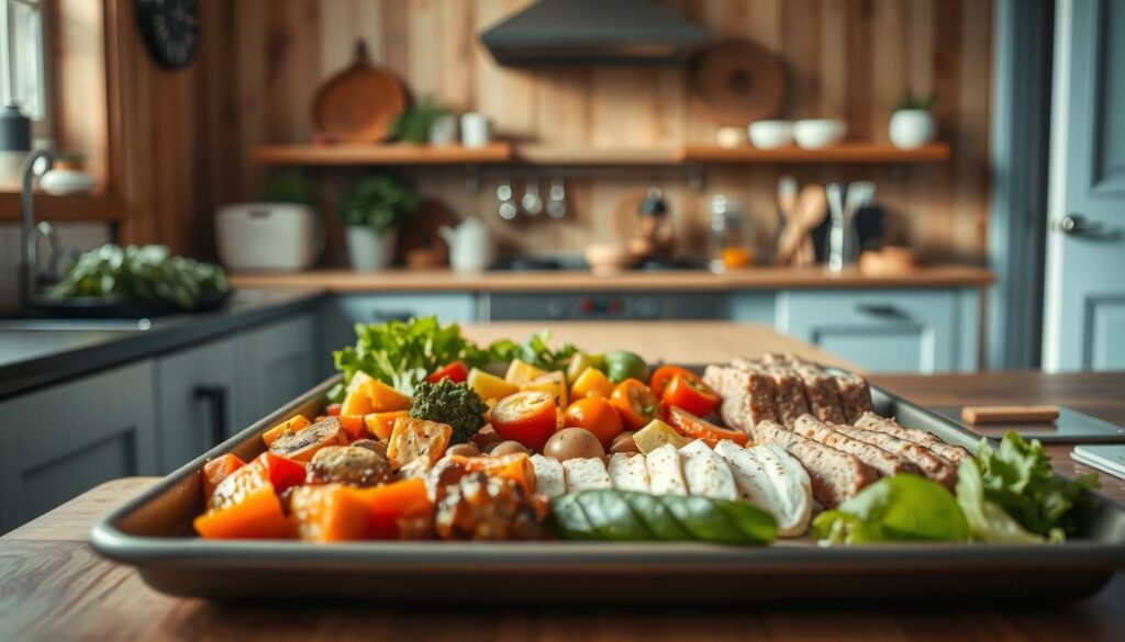 A cozy, minimal kitchen with wooden textures and light blue accents sets the stage for mastering sheet pan meals. In the foreground, an array of fresh ingredients - vegetables, proteins, and seasonings - await their transformation on a large, rimmed baking sheet. Soft, natural lighting from above accentuates the textures and colors, while the middle ground showcases the seamless process of assembling the meal, with no hands visible. In the background, a clean, organized workspace with essential tools and equipment hints at the efficiency and simplicity of this weeknight dinner solution.