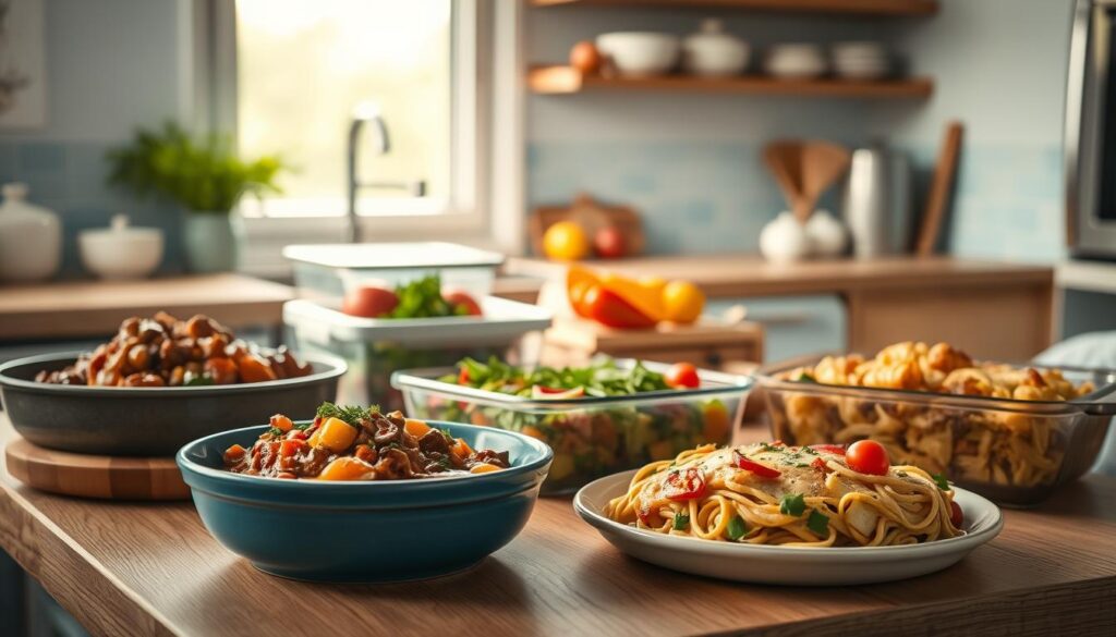 A cozy, minimal kitchen with wooden textures and light blue accents sets the stage for a delectable array of "leftover dinner recipes". In the foreground, an assortment of repurposed dishes - a hearty stew, a vibrant vegetable frittata, and a savory pasta bake - showcase the versatility of transforming yesterday's leftovers into today's culinary delights. The middle ground features neatly organized containers and freshly chopped ingredients, hinting at the effortless integration of these leftover masterpieces into a well-planned, large-family meal prep. The background subtly hints at the warm, inviting ambiance with soft, diffused lighting, casting a gentle glow over the scene. No hands are present, allowing the focus to remain solely on the mouthwatering dishes and the transformative possibilities of leftovers.