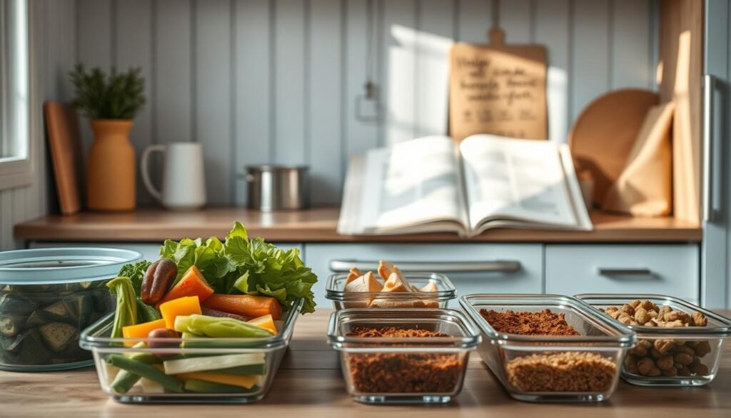 A cozy, minimal kitchen with wooden textures and light blue accents sets the stage for a collection of leftover transformation ideas. In the foreground, various containers hold repurposed ingredients - steamed vegetables, leftover protein, and a fragrant mix of spices. The middle ground showcases the creative process, with sketches, notes, and a well-used cookbook open, hinting at the culinary ingenuity to come. Soft, even lighting illuminates the scene, casting a warm, inviting glow and suggesting the comforting aroma of a homemade meal in the making. The overall mood is one of resourcefulness, inspiration, and the joy of transforming humble leftovers into delicious new dishes.