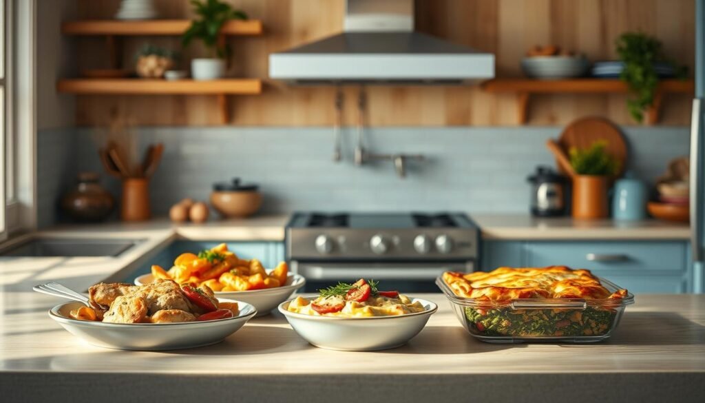 A cozy, minimal kitchen with wooden textures and light blue accents sets the stage for a selection of budget-friendly oven meals. On the counter, simple yet nourishing dishes like baked chicken with roasted vegetables, a hearty shepherd's pie, and a vegetarian lasagna await. The warm, natural lighting casts a comforting glow, inviting you to savor the aroma of these homemade, wallet-friendly dinner options. No hands are present, allowing the focus to remain on the delectable, budget-conscious meals that inspire efficient meal prepping for busy weeks ahead.
