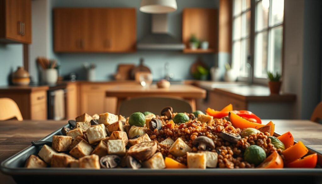 A cozy, minimal kitchen with wooden textures and light blue accents sets the stage for a delightful sheet pan dinner scene. In the foreground, an assortment of plant-based protein alternatives - crisp tofu cubes, hearty mushrooms, and tender lentils - are arranged alongside colorful roasted vegetables like Brussels sprouts, sweet potatoes, and bell peppers. The middle ground showcases the sheet pan itself, filled with the fragrant, sizzling ingredients, ready to be enjoyed. Warm, natural lighting from large windows casts a soft glow, highlighting the effortless simplicity of this busy lifestyle meal. The overall atmosphere exudes a sense of ease and efficiency, capturing the benefits of sheet pan dinners for a hectic modern lifestyle.
