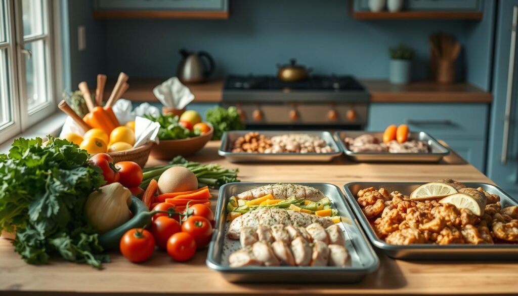 A cozy, minimal kitchen with wooden textures and light blue accents sets the stage for a versatile meal prep scene. An assortment of fresh produce, seasoned proteins, and neatly arranged baking sheets fill the frame, showcasing the efficiency and versatility of sheet pan dinners. Soft, natural lighting casts a warm glow, highlighting the textures and colors of the ingredients. The absence of hands in the frame emphasizes the focus on the prepared components, inviting the viewer to imagine the delicious meals that can be effortlessly assembled from these building blocks. This image captures the essence of organized, versatile cooking - a practical and time-saving approach to nourishing weekly meals.