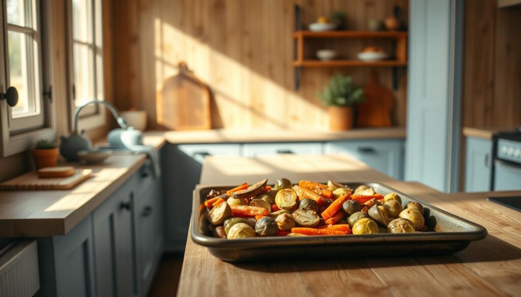 A cozy, minimal kitchen with wooden textures and light blue accents sets the stage for a seasonal sheet pan dinner. On a rustic baking sheet, an arrangement of roasted vegetables - vibrant carrots, hearty potatoes, and crisp Brussels sprouts - takes center stage, their colors and textures complementing each other. The natural light filters in through a nearby window, casting a warm glow over the scene. The overall atmosphere is one of simplicity, comfort, and the celebration of seasonal, wholesome ingredients.