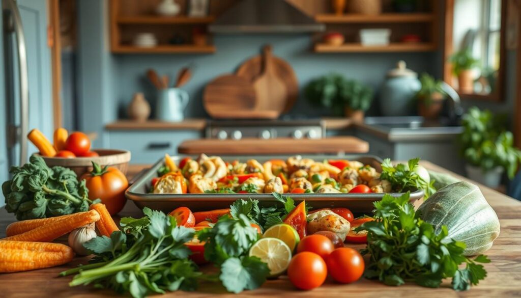 A cozy, minimal kitchen with wooden textures and light blue accents sets the stage for a selection of one-pan meals. In the foreground, a variety of fresh, vibrant ingredients - crisp vegetables, tender proteins, and aromatic herbs - are neatly arranged, ready for a quick and effortless weeknight assembly. The middle ground showcases a large, heavy-duty baking sheet, its surface glistening with a light coating of oil, anticipating the flavorful combination of ingredients to be roasted to perfection. In the background, the scene is bathed in warm, natural lighting, creating a welcoming and inviting atmosphere, perfect for busy home cooks seeking a balanced, nourishing meal without the hassle of multiple dishes.