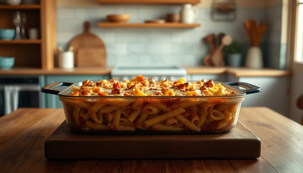 A cozy, minimal kitchen with wooden textures and light blue accents sets the stage for a mouthwatering pasta bake. In the foreground, a large baking dish sits atop a sturdy wooden table, steam gently rising from the bubbling, salted water-soaked pasta. Tender noodles are nestled between layers of rich, creamy sauce and melted cheese, the golden-brown crust hinting at the indulgent flavors within. Warm, inviting lighting casts a soft glow, drawing the eye towards the tantalizing dish. The absence of any hands or distractions allows the pasta bake to take center stage, its comforting presence embodying the appeal of a make-ahead family dinner.